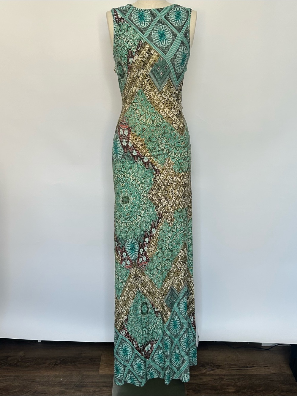 Sleeveless Teal Patterned Maxi Dress